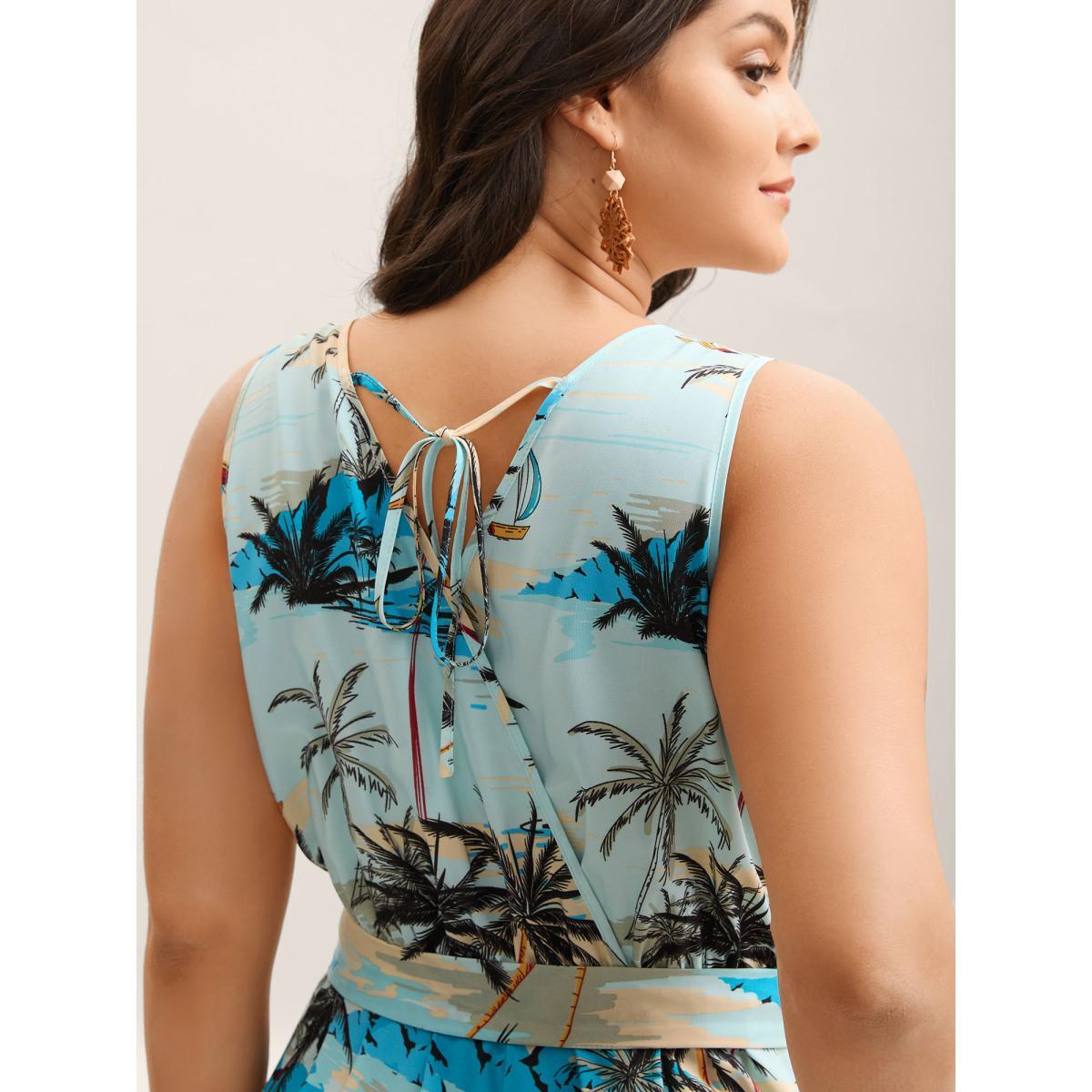 Plus Size Multicolor Tropical Print Stretchy Waist Pockets Jumpsuit Women Sleeveless Overlap Collar Vacation Loose Jumpsuits BloomChic 30/6X Product Image