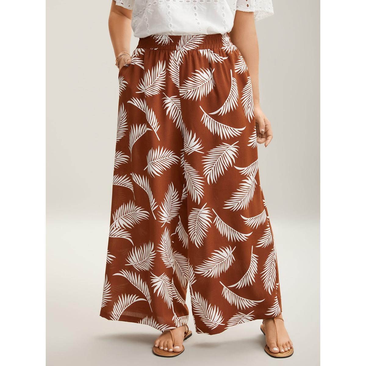 Plus Size Leafy Print Stretchy Waist Wide-Leg Pants Women Rust Resort Wide Leg Mid Rise Vacation Pants BloomChic 28/5X Product Image