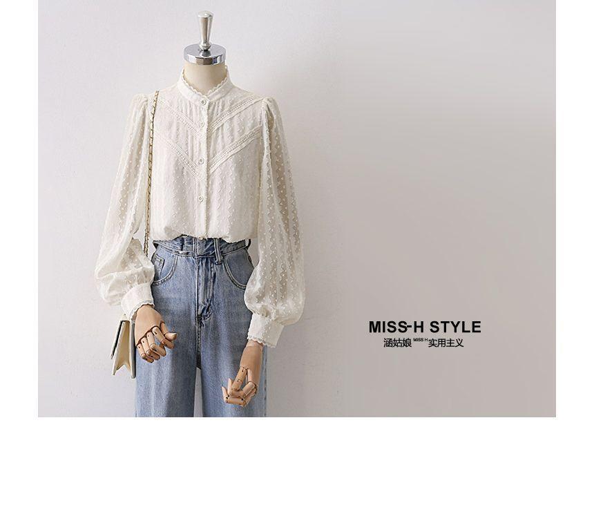 Long-Sleeve Plain Lace Trim Blouse Product Image