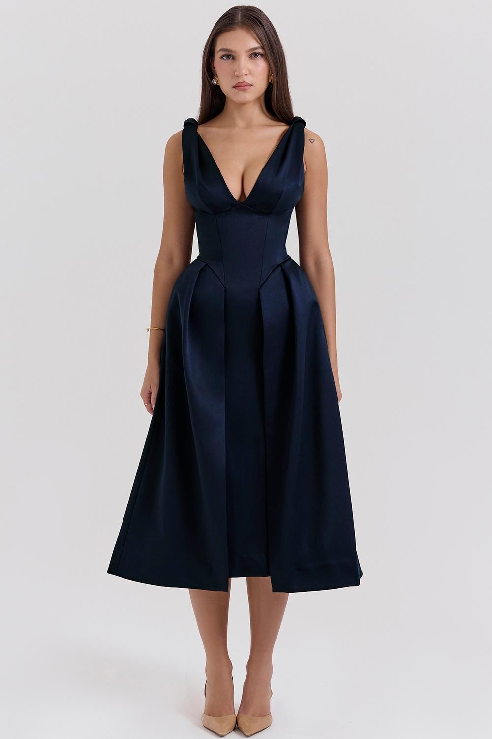Paloma Midnight Twist Strap Satin Midi Dress Product Image