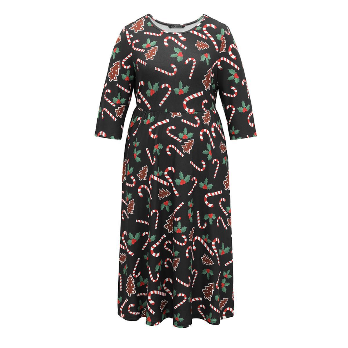 Plus Size Christmas Print Pocket Elastic Waist Dress Black Women Casual Printed Round Neck Long Sleeve Curvy Midi Dress BloomChic 28/5X Product Image