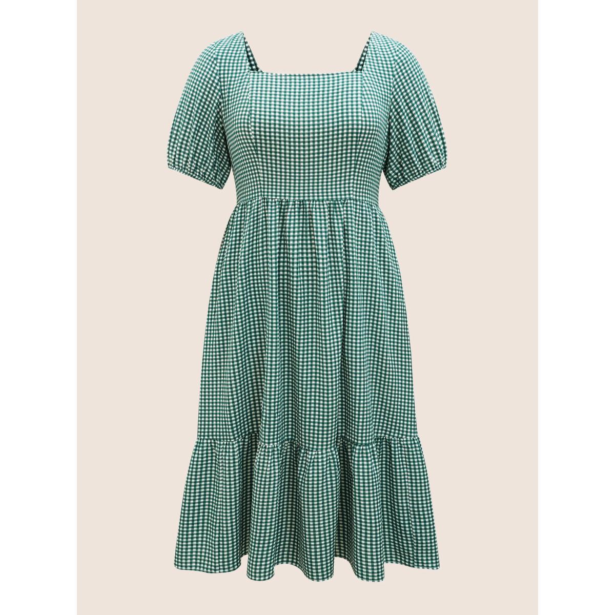 Plus Size Square Neck Gingham Elastic Waist Midi Dress Emerald Women Elegant Gathered Square Neck Half Sleeve Curvy BloomChic 26/4X Product Image