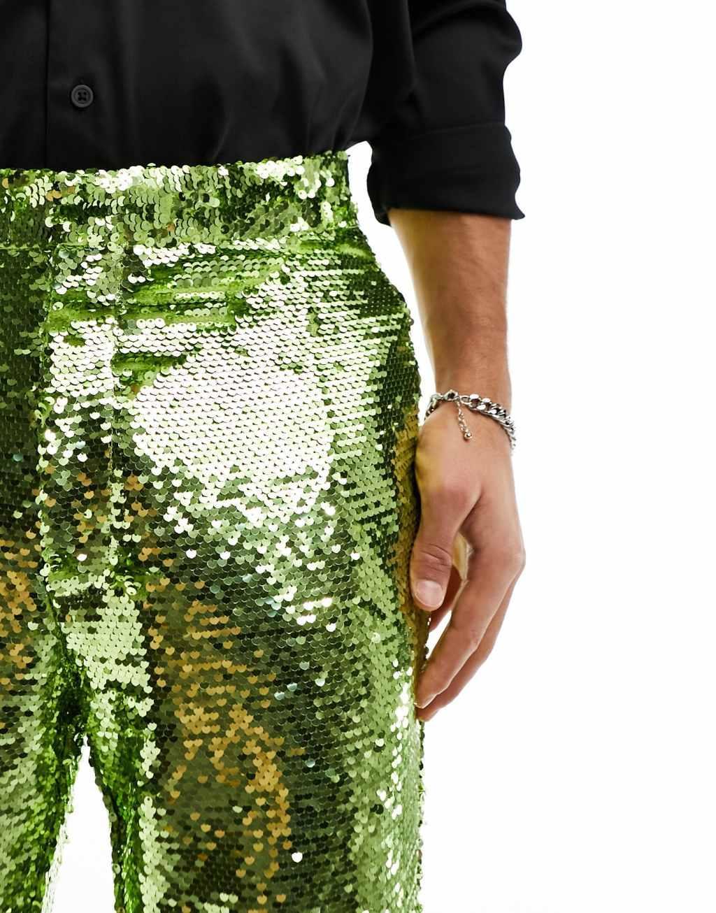 ASOS DESIGN smart flare pants in lime green sequins Product Image