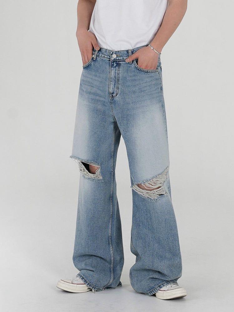 RT No. 12589 LIGHT BLUE RIPPED STRAIGHT DENIM JEANS Product Image