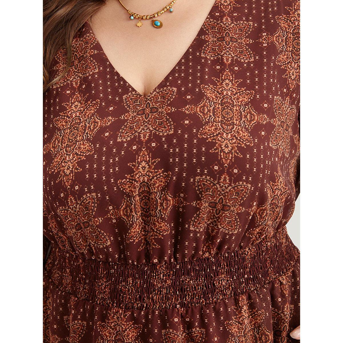 Plus Size Bandana Print Elastic Waist Flutter Trim Dress Scarlet Women Vacation Elastic cuffs V-neck Long Sleeve Curvy Midi Dress BloomChic 22-24/3X Product Image