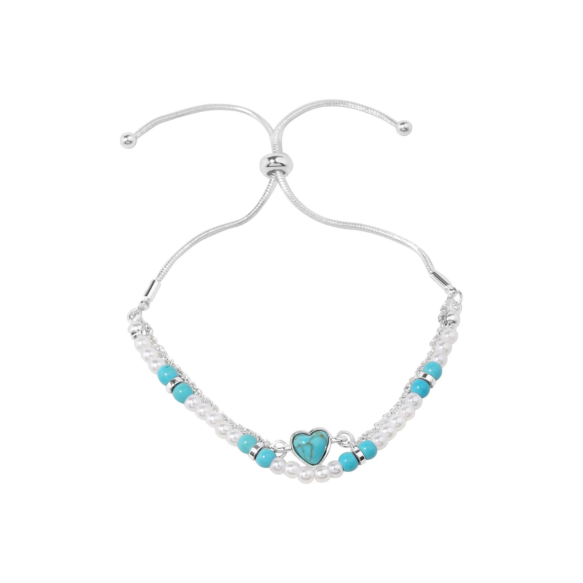 LC Lauren Conrad Sterling Silver Simulated Turquoise Heart Charm Simulated Pearl Tie Bracelet, Women's, Blue Product Image