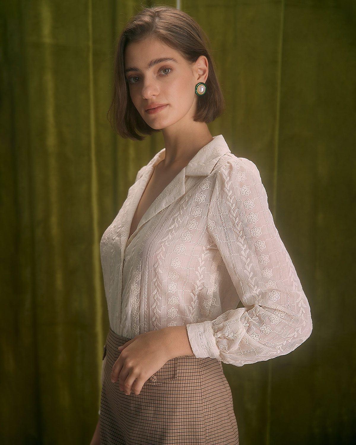 The Apricot Lapel Floral Embroidery Blouse Product Image