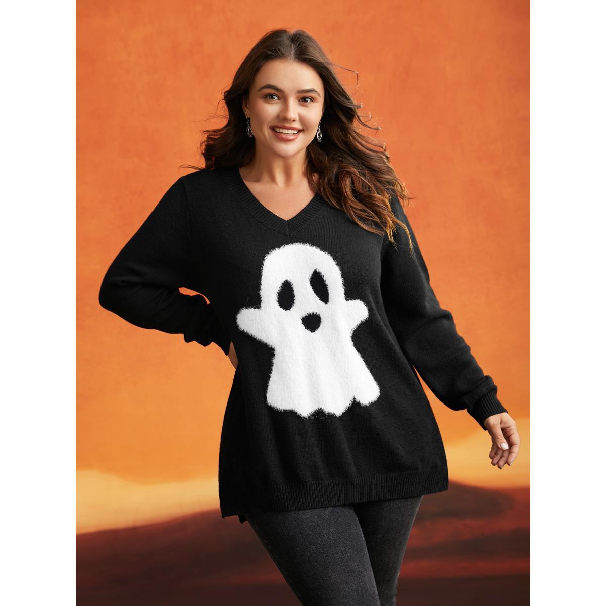 Plus Size Mink Touch Ghost Printed Pullover Black Women Casual Long Sleeve V-neck Everyday Pullovers BloomChic 28/5X Product Image