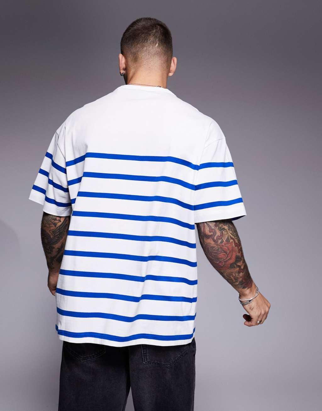HUGO Blue Nolastripe loose fit striped logo t-shirt in white and blue Product Image