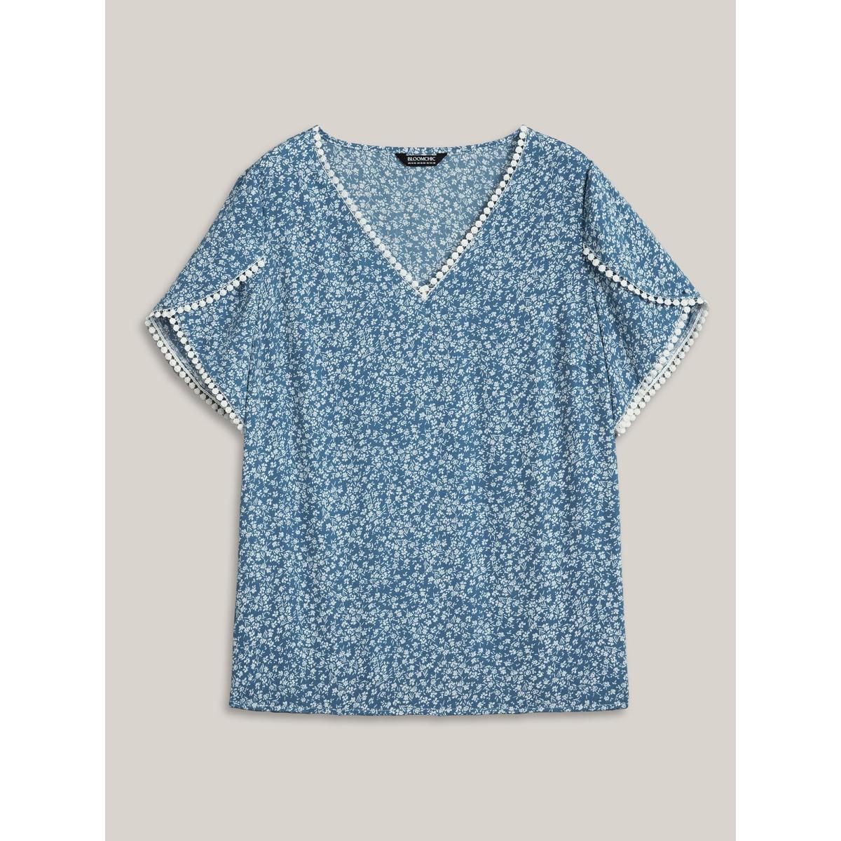 Plus Size Stone Petal Sleeve Floral Lace Spliced Shirt Women Elegant Short sleeve V-neck Everyday Blouses BloomChic 12/L Product Image