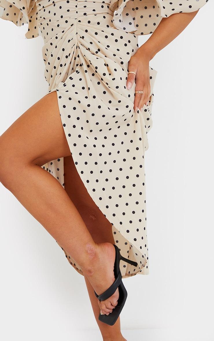 Cream Polka Dot Bardot Frill Sleeve Draped Midi Dress Product Image