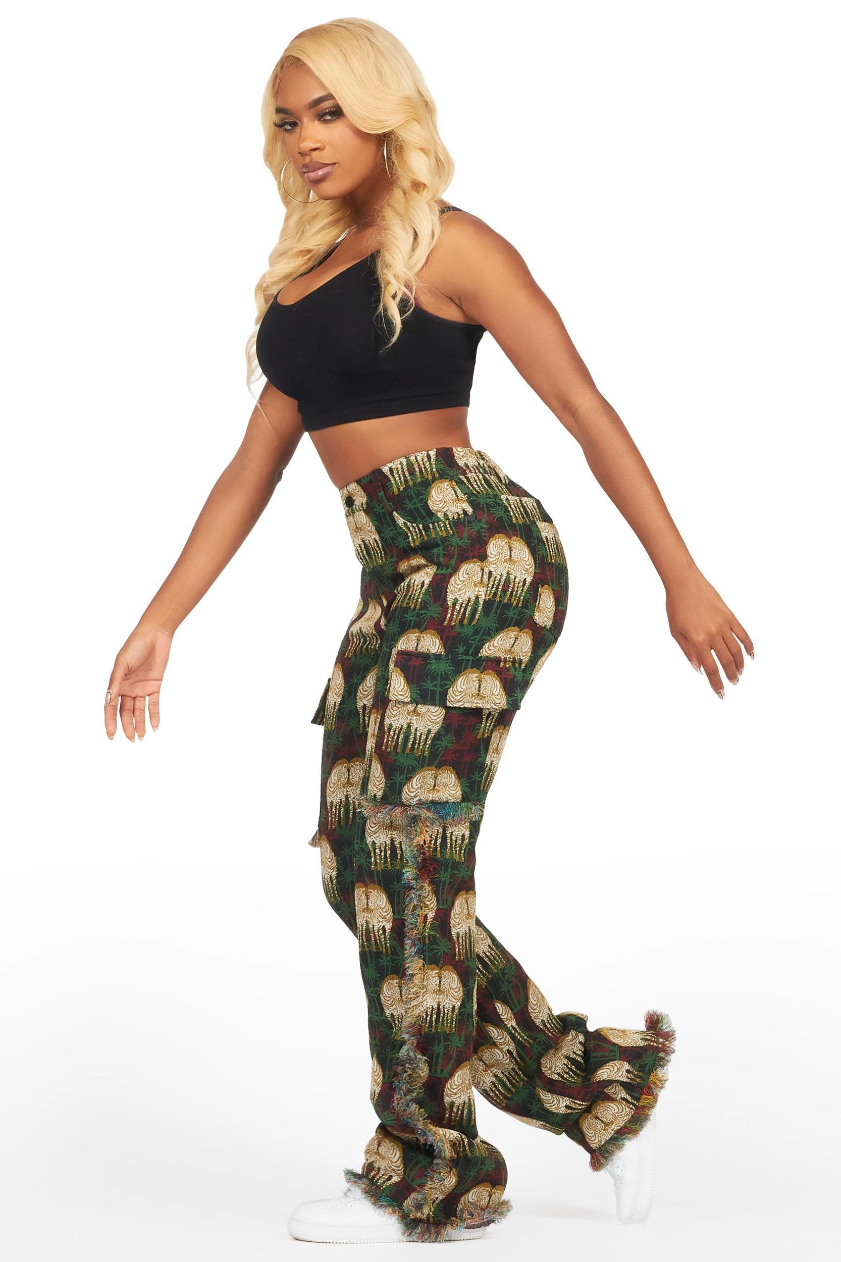 Zeontee Black Animal Print Cargo Tapestry Stacked Pant Female Product Image