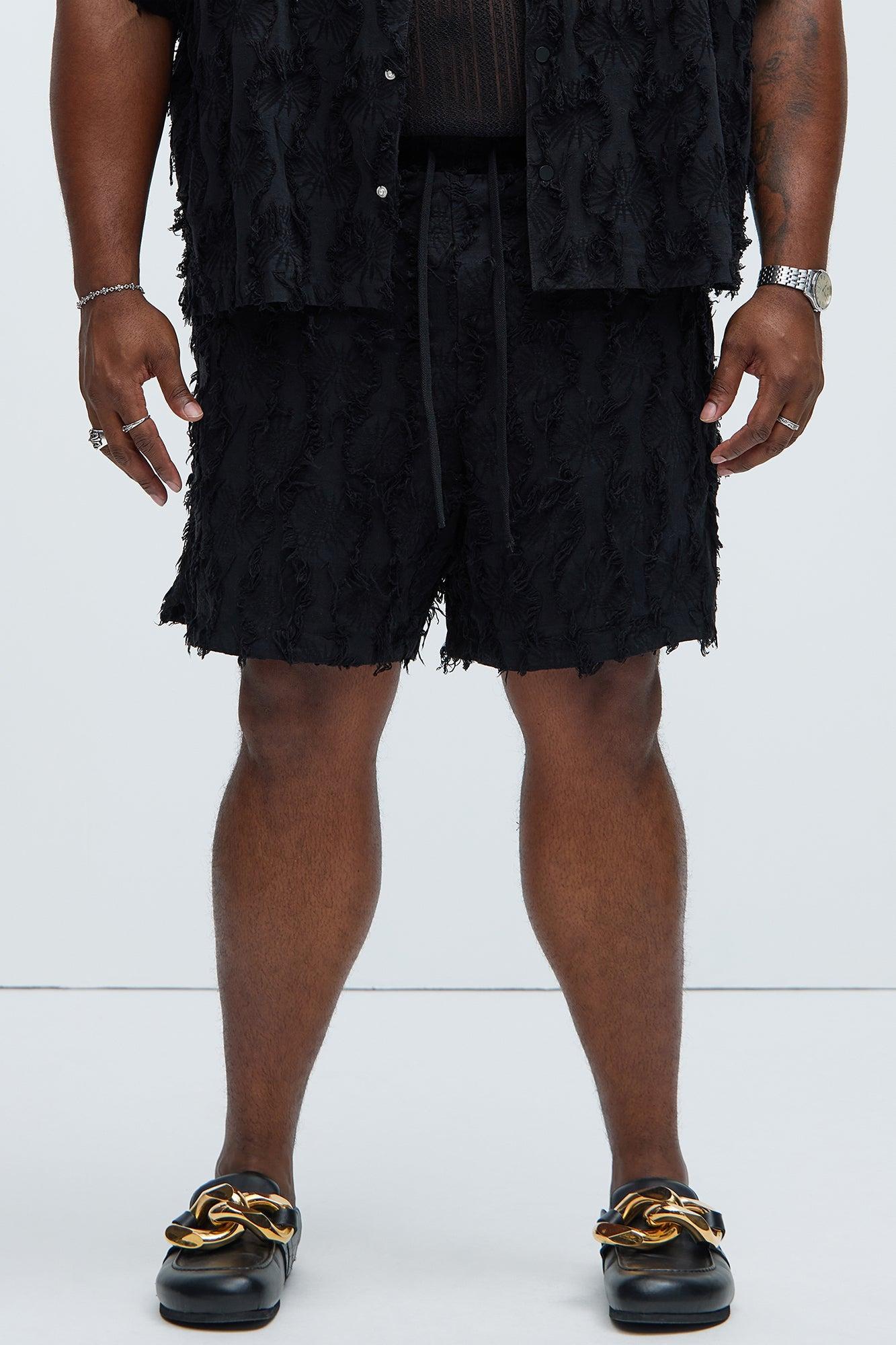 Frayed Jacquard Linen Shorts - Black Product Image
