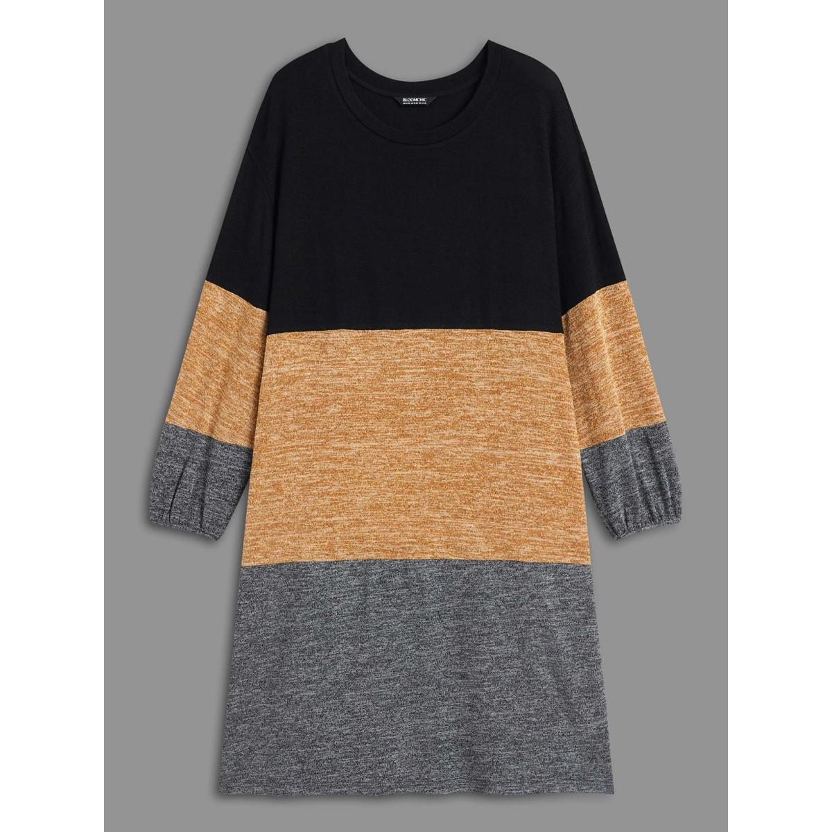 Plus Size Colorblock Contrast Heather Pocket Knit Dress Multicolor Women Casual Contrast Knit Dresses Bloomchic 28/5X Product Image