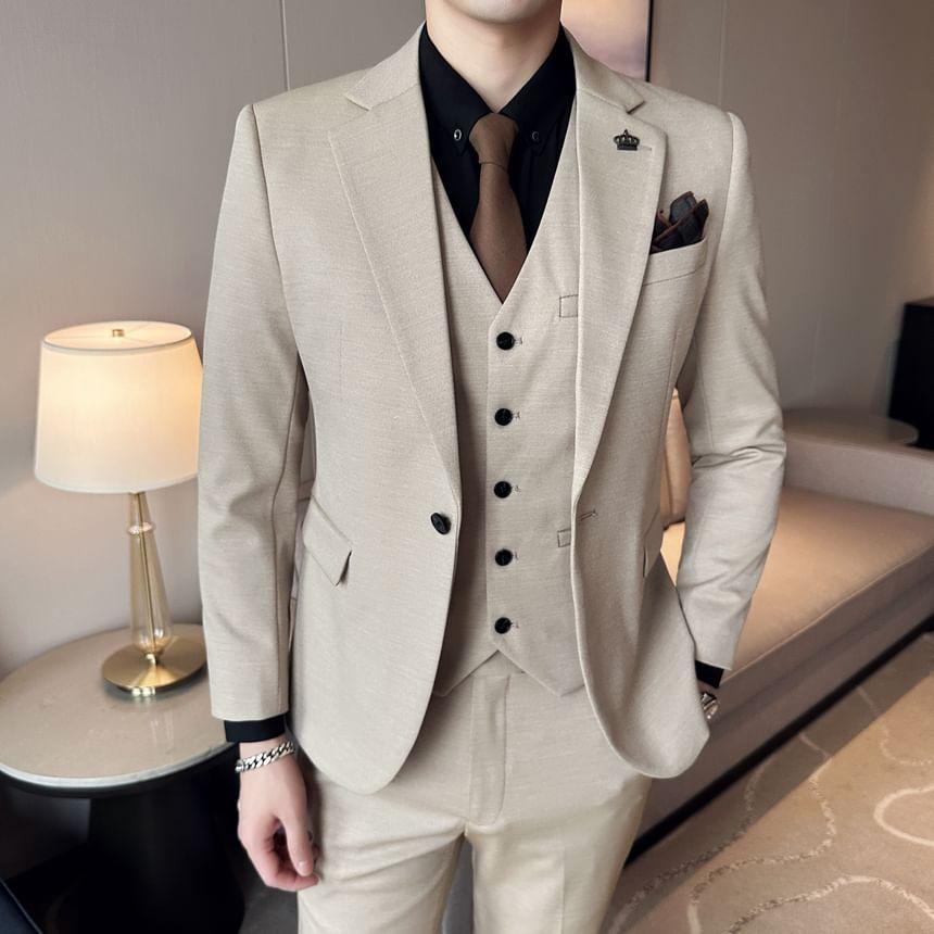 Set: Plain Blazer + V-Neck Button-Up Vest + High Waist Straight Leg Dress Pants Product Image