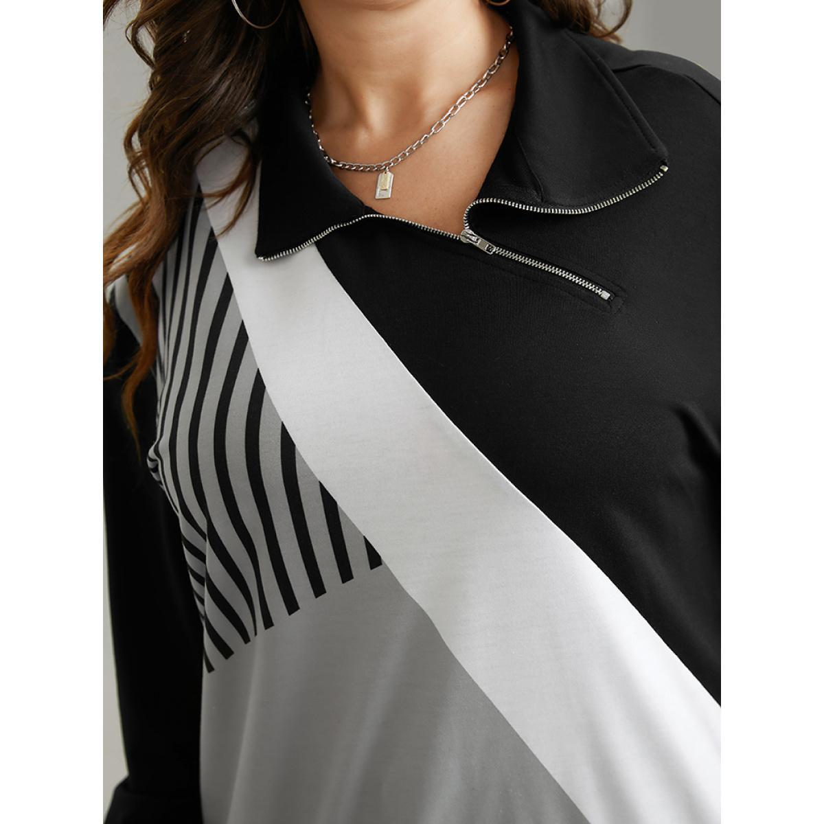 Plus Size Zipper Striped Contrast Polo Neck Sweatshirt Women Black Casual Contrast Polo Dailywear Sweatshirts BloomChic 28/5X Product Image