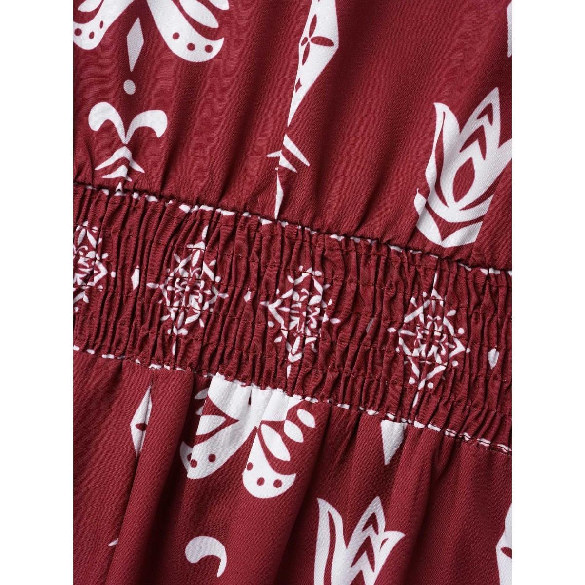 Plus Size Boho Print Stretchy-Waist Ruffled Midi Dress Russet Women Resort Shirred Round Neck Cap Sleeve Curvy BloomChic 18-20/2X Product Image