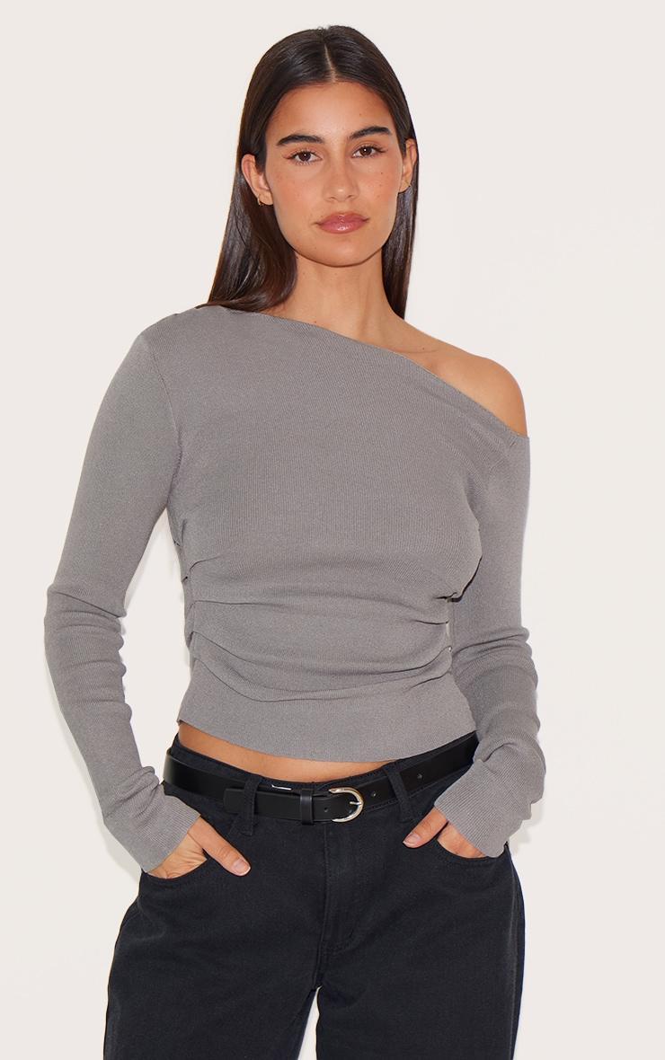 Dove Grey Fine Knit Asymmetric Top Product Image