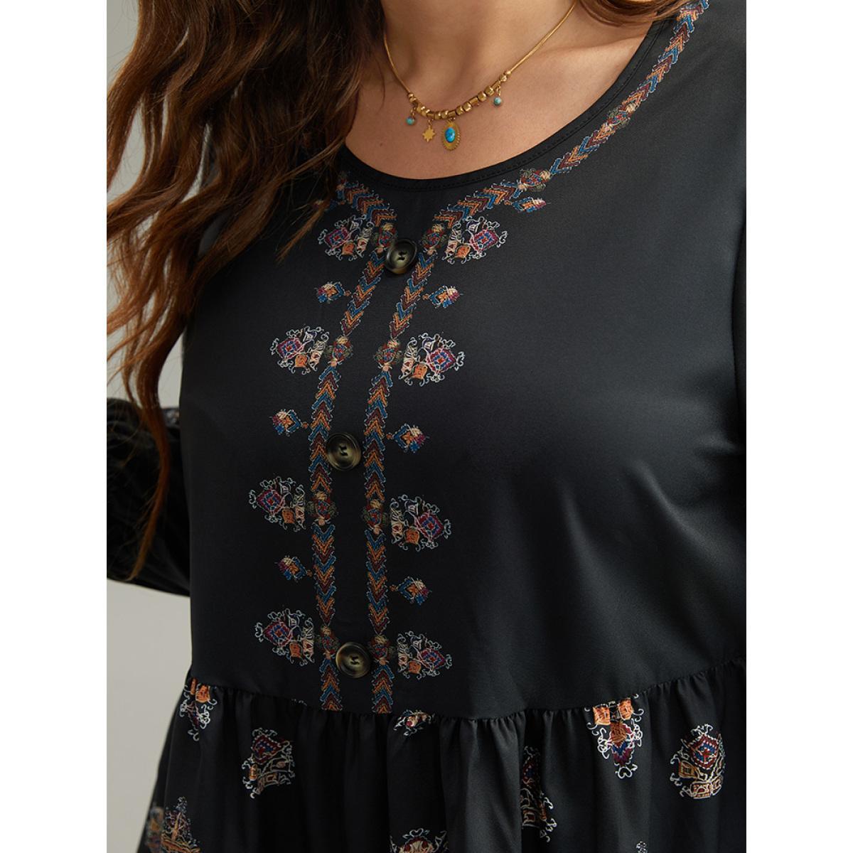 Plus Size Black Boho Print Lantern Sleeve Button Detail Blouse Women Vacation Elbow-length sleeve Round Neck Vacation Blouses BloomChic 12/L Product Image
