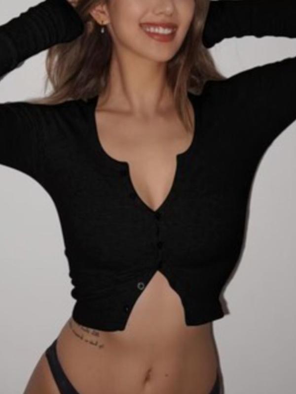 Solid Color Breasted Crop Long Sleeve Shirt Product Image