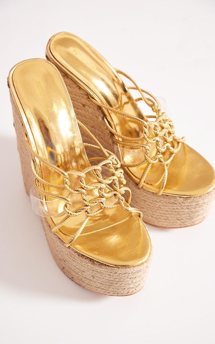 Gold PU Knotted Twists High Heeled Espadrille Wedges Product Image