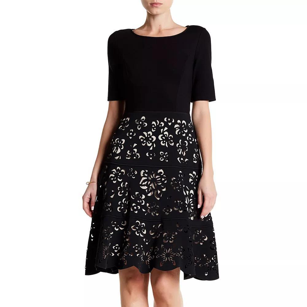 Women's Focus By Shani Ponte Fit and Flare Laser Cutting Dress, Size: 6, Black Pink Product Image