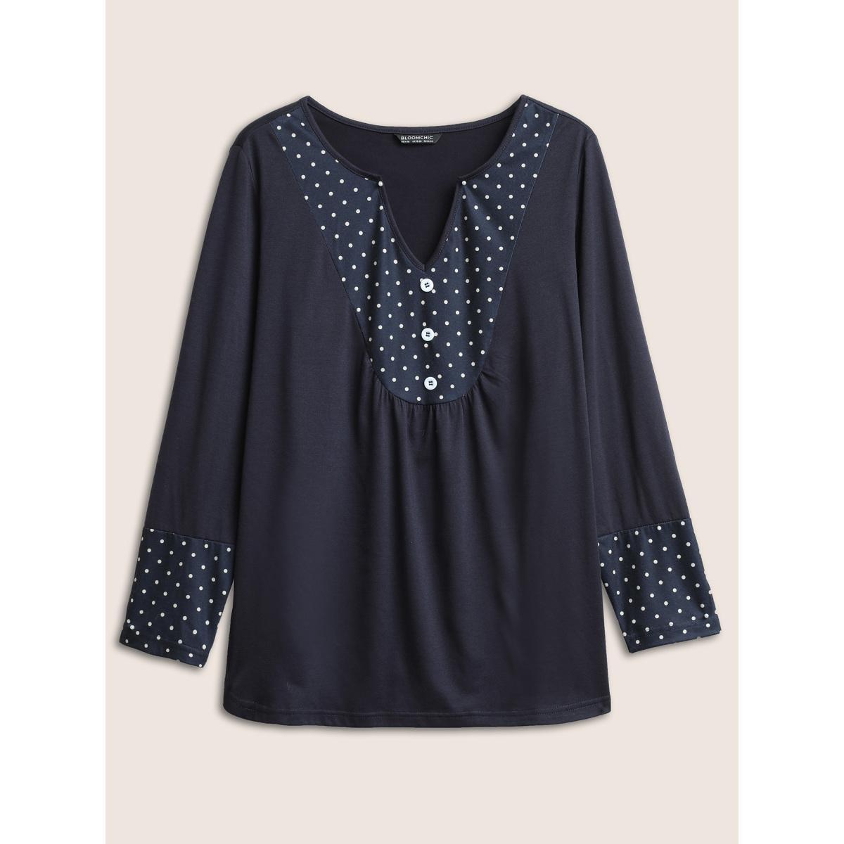 Plus Size Polka Dot Patchwork Notched Button Detail T-shirt Indigo Women Casual Contrast Polka Dot Notched collar Everyday T-shirts BloomChic 22-24/3X Product Image