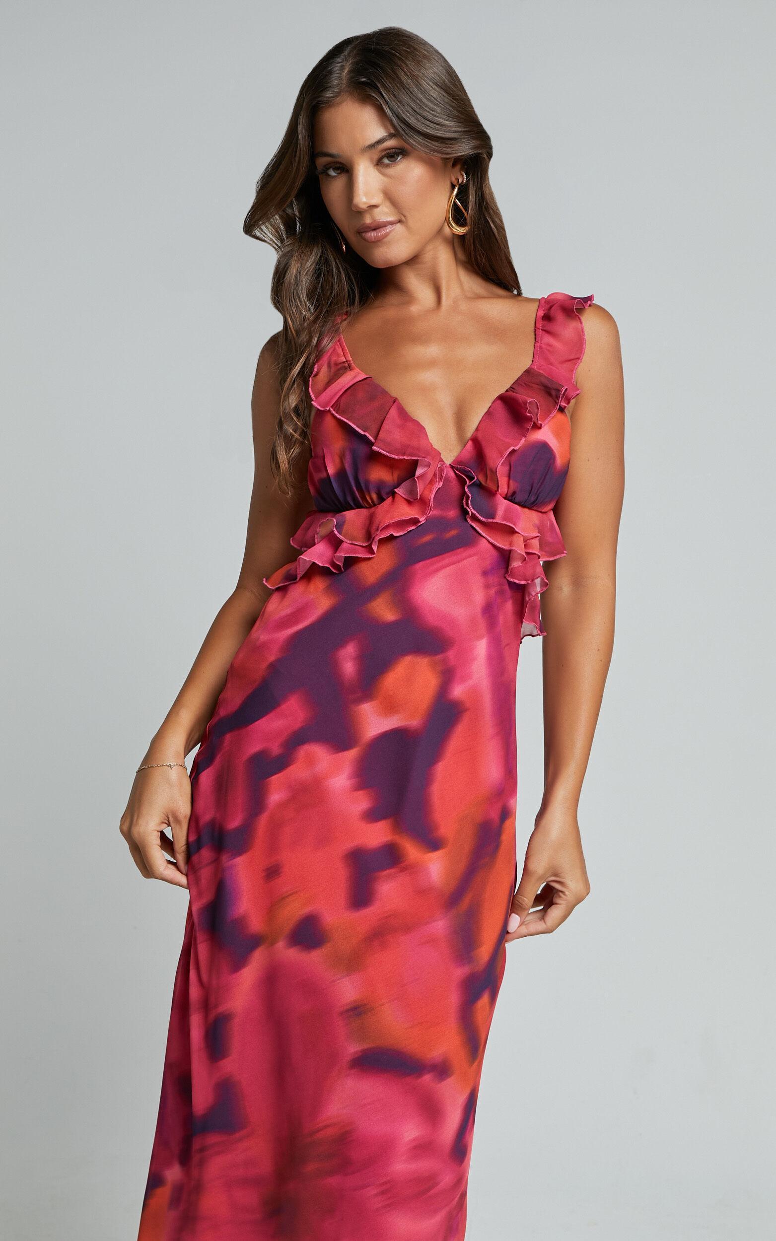 Alessa Maxi Dress - V Neck Frill Detail Empire Waist Back Cut Out Dress in Adeana Print Product Image