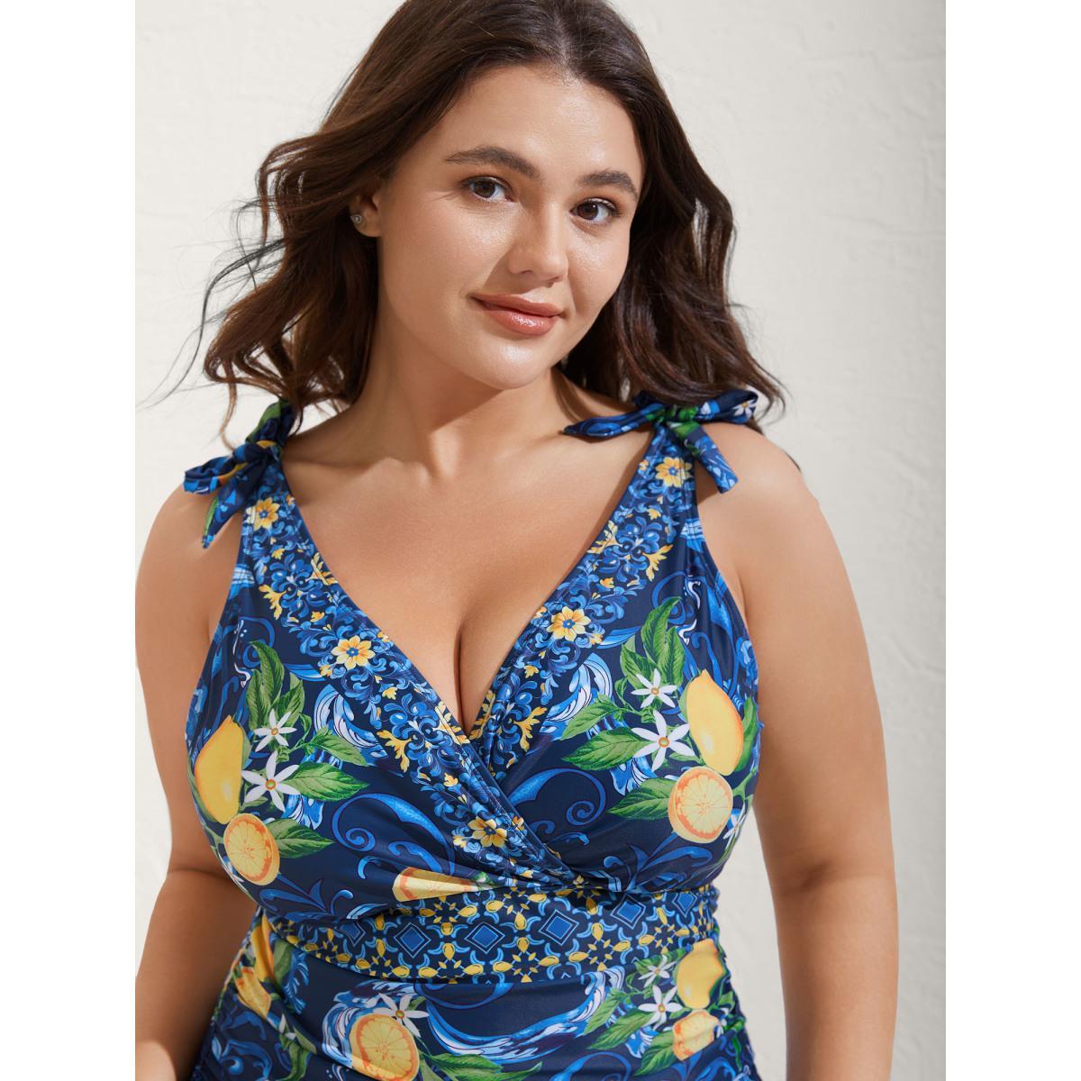 Plus Size Two-Piece Citrus Print Sarong Swimsuit Women's Swimwear Indigo Beach Tie knot Curve Bathing Suits High stretch One Pieces BloomChic 12/L Product Image