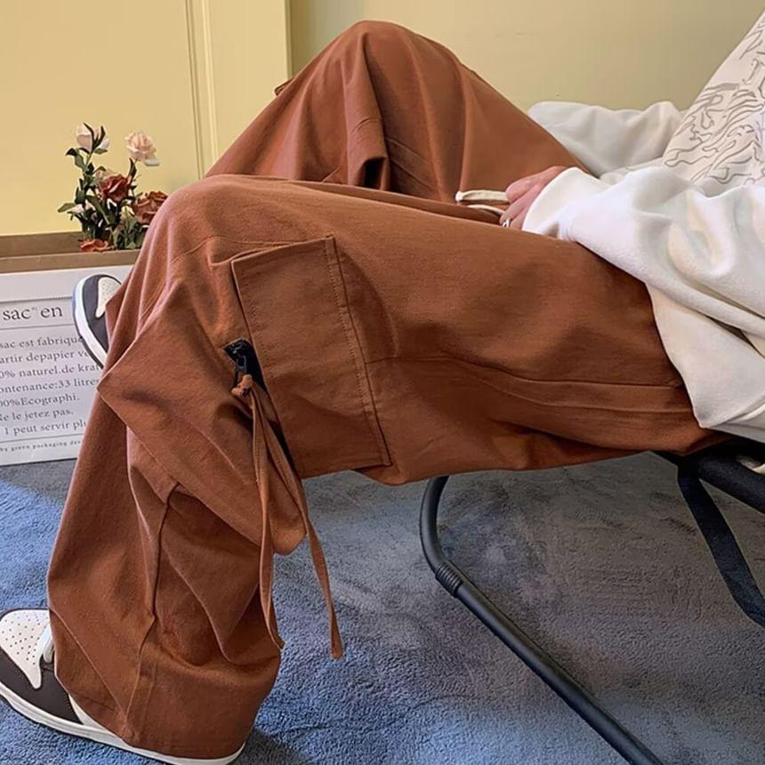 Mid Rise Plain Wide Leg Cargo Pants Product Image