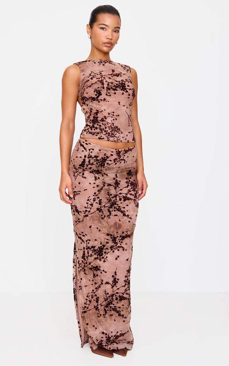 Mauve Floral Print Devore Mesh Ruched Maxi Skirt Product Image