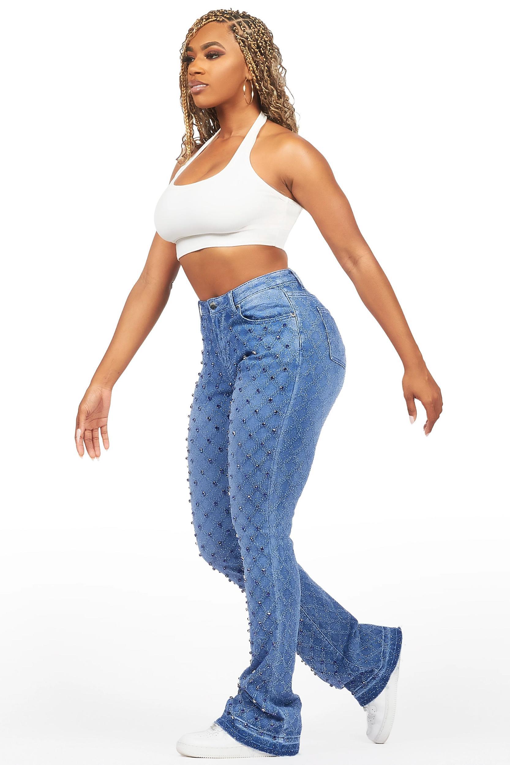 Sareka Royal Blue Rhinestone Stacked Flare Jean Female Product Image