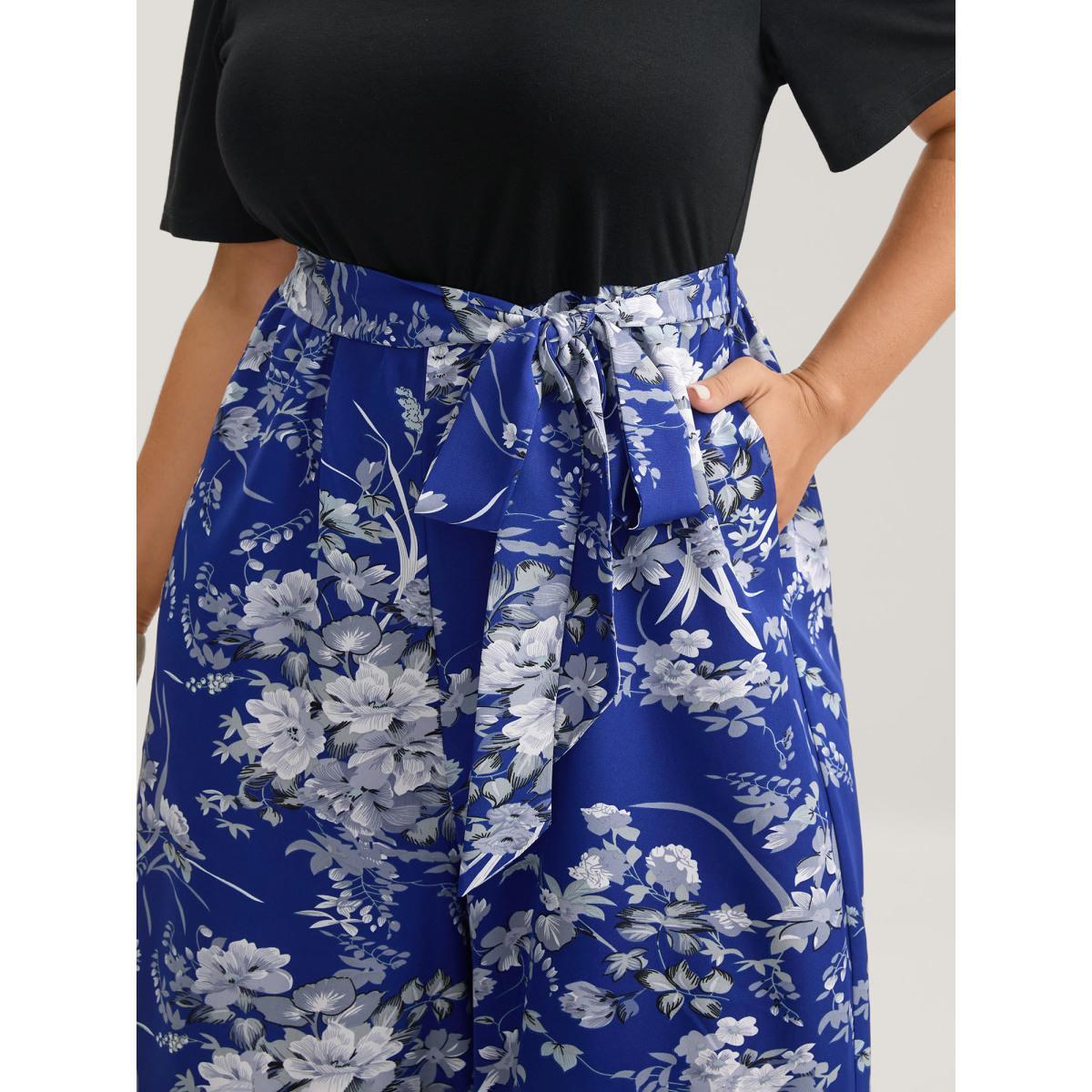 Plus Size Mediumblue Color Contrast Belted Panel Pockets Jumpsuit Women Elegant Short sleeve Square Neck Everyday-Elegant Loose Jumpsuits BloomChic 10/M Product Image