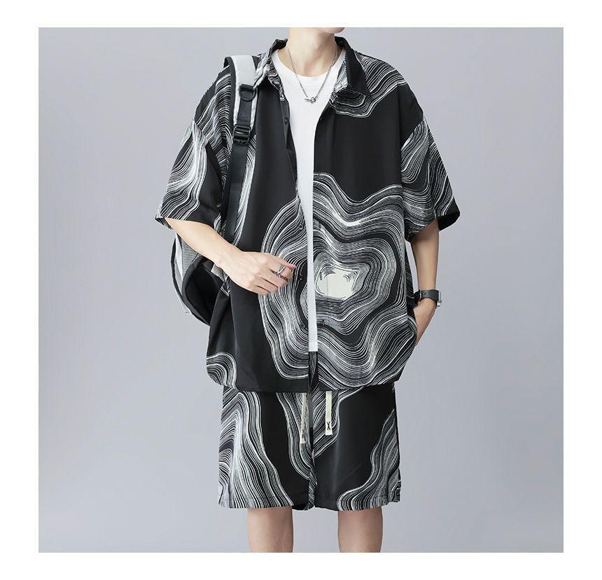 Set: Short-Sleeve Collared Patterned Print Shirt + Drawstring Waist Shorts Product Image