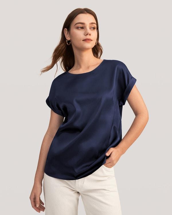 Short Sleeves Round Neck Silk Tee Product Image