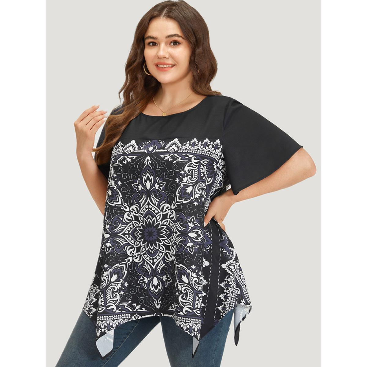 Plus Size Indigo Boho Print Crew Neck Flutter Sleeve Hanky Hem Blouse Women Vacation Short sleeve Round Neck Dailywear Blouses BloomChic 26/4X Product Image