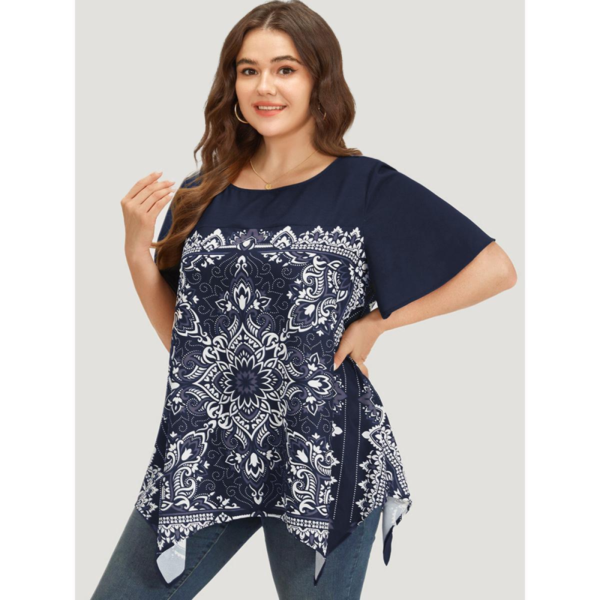 Plus Size Indigo Boho Print Crew Neck Flutter Sleeve Hanky Hem Blouse Women Vacation Short sleeve Round Neck Dailywear Blouses BloomChic 26/4X Product Image