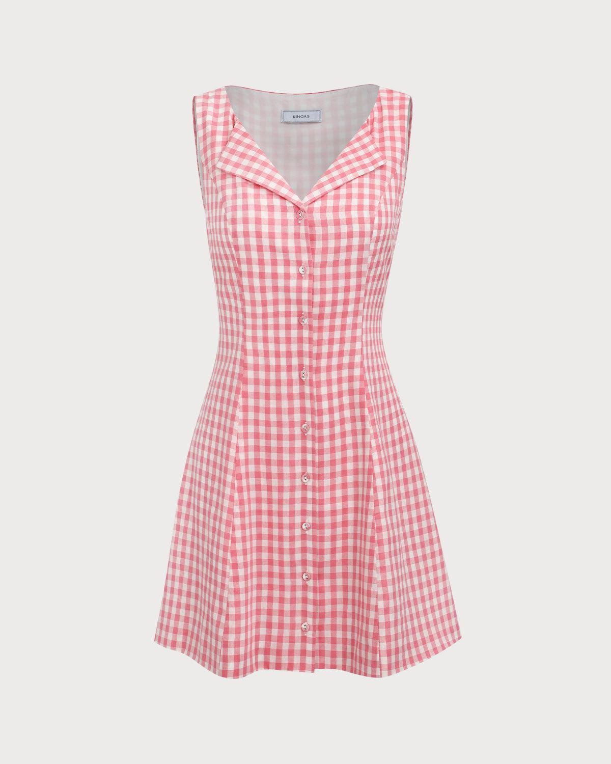 Women's Pink V-Neck Plaid Cotton Mini Dress Female Product Image