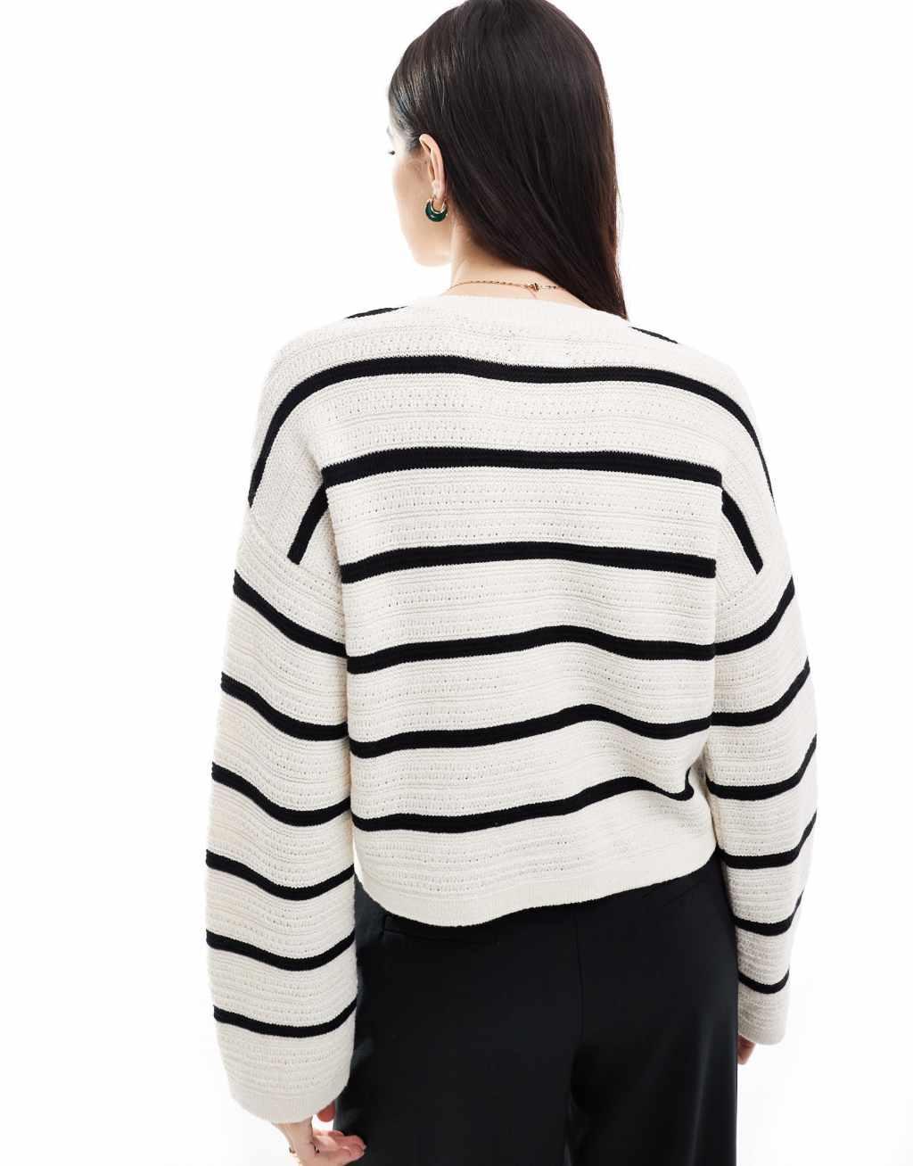 ASOS DESIGN knit crew neck cardigan in textured stitch with gold buttons in stripe Product Image