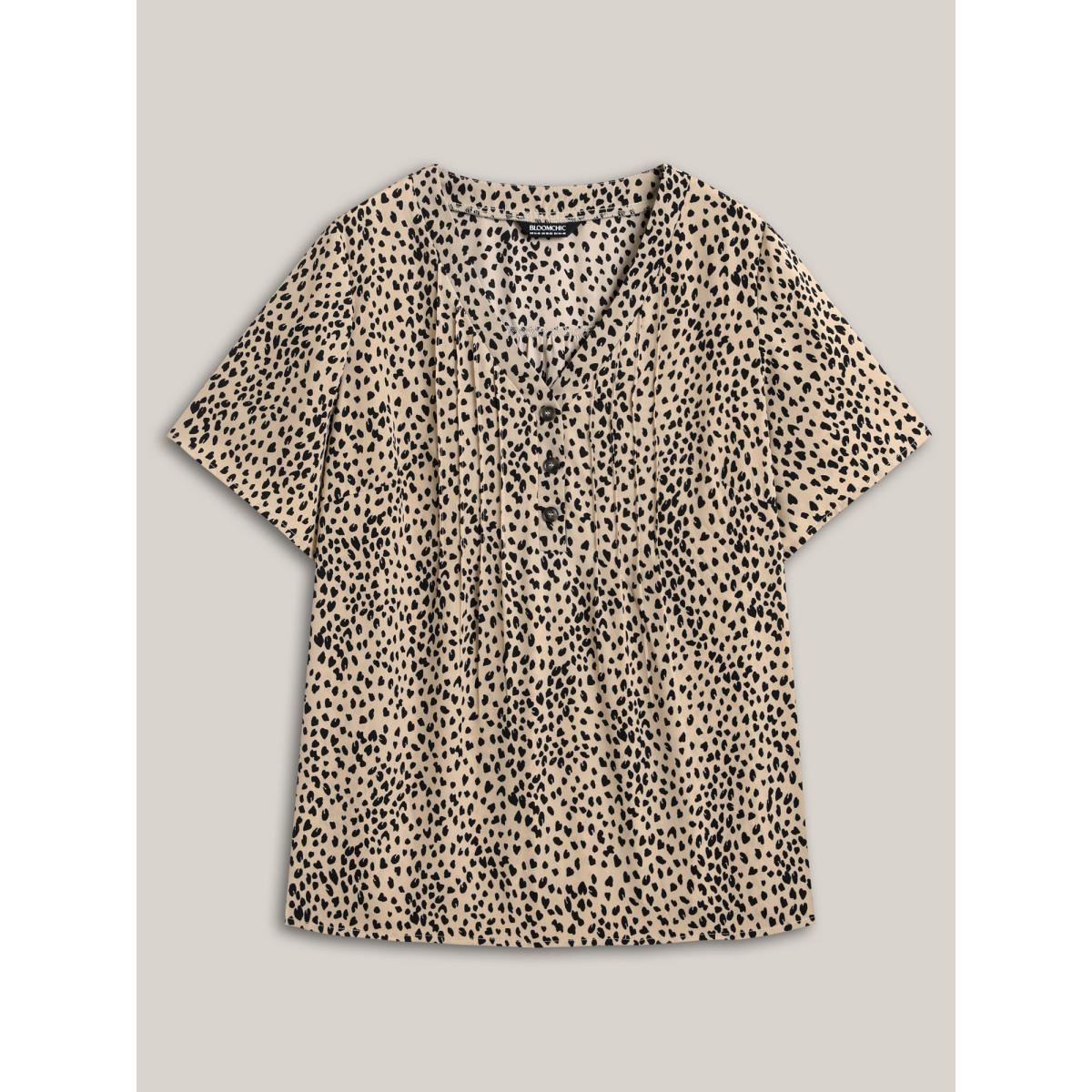Plus Size Tan Leopard Print Toothpick Pleat Blouse Women Short sleeve V-neck Work Blouses BloomChic 22-24/3X Product Image