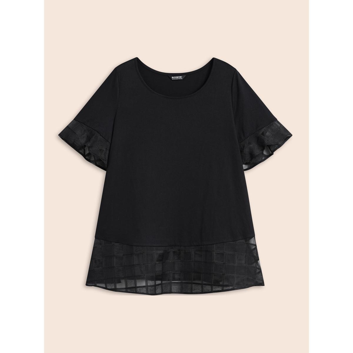 Plus Size Sheer Patchwork Ruffle Round Neck T-Shirt Black Women Elegant Patchwork Round Neck Everyday T-shirts BloomChic 22-24/3X Product Image