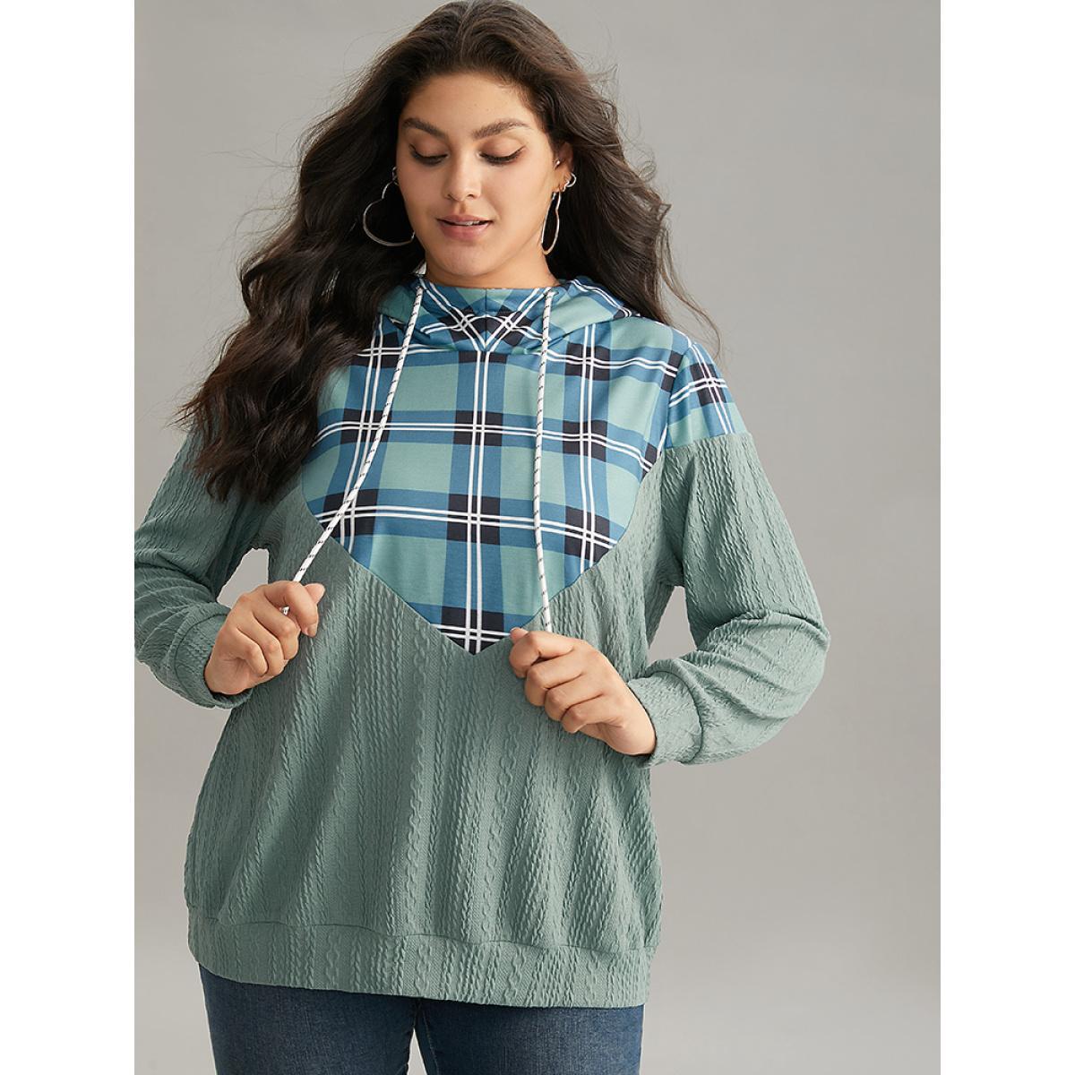 Plus Size Plaid Patchwork Contrast Texture Hooded Sweatshirt Women Mint Casual Texture Hooded Dailywear Sweatshirts BloomChic 30/6X Product Image