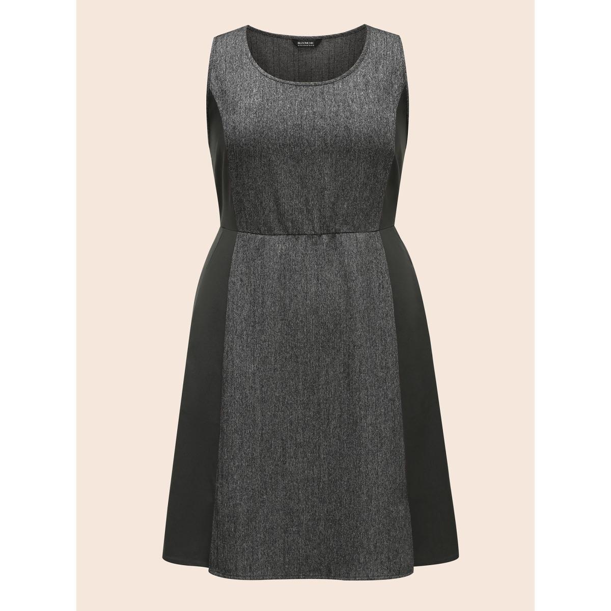 Plus Size Stretch Woven Seamed Fiited Midi Dress Black Women At the Office Contrast Round Neck Sleeveless Curvy BloomChic 18-20/2X Product Image