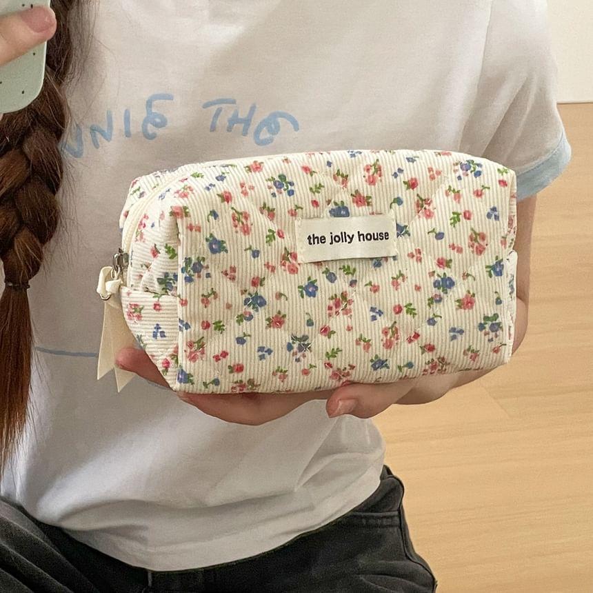 Floral Print Corduroy Pouch / Makeup Bag / Clutch Product Image