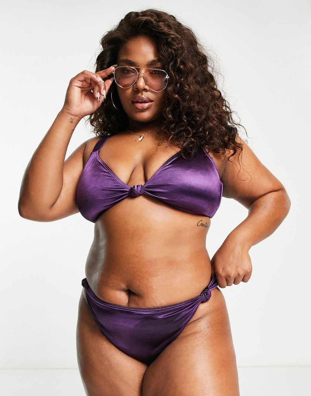 South Beach Curve Exclusive knotted high waist bikini bottoms in purple  Product Image