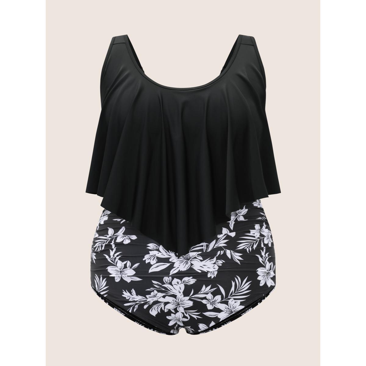 Plus Size Floral Patchwork Tiered Ruffles One Piece Swimsuit Women's Swimwear Black Beach Gathered Curve Bathing Suits High stretch One Pieces BloomChic 22-24/3X Product Image