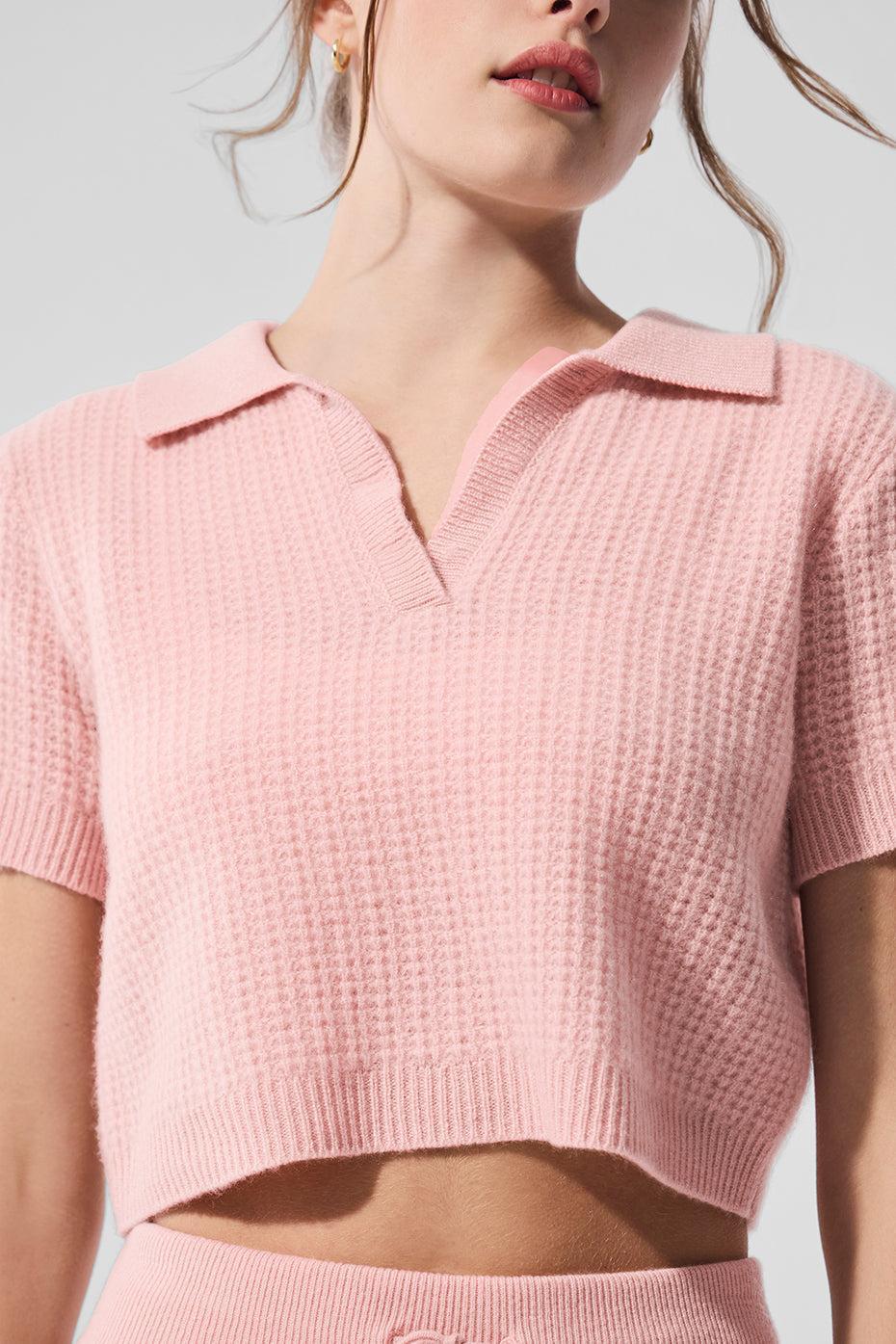 Cashmere Plush Waffle Polo Tee - Pink Quartz Female Product Image