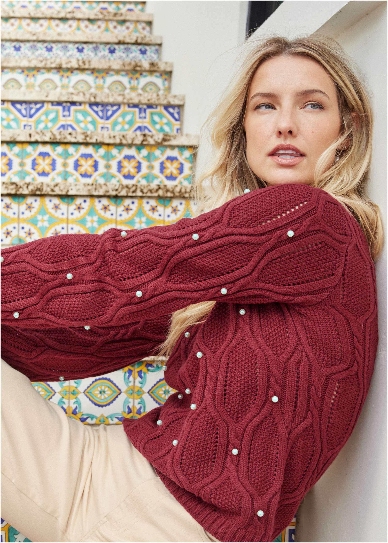 Pearl Detail Sweater  - Wine Product Image