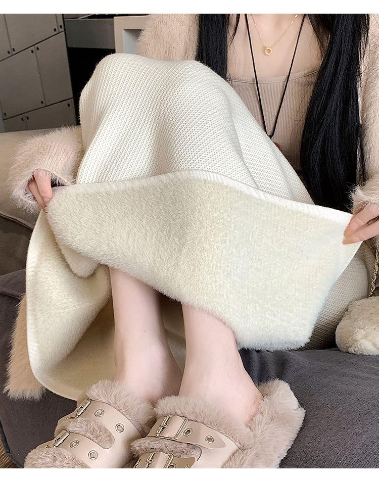 High Rise Plain Slit Knit Midi A-Line Skirt Product Image