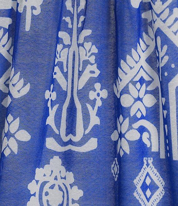 Calessa Petite Size Mesh Knit Border Henna Printed Square Neck Elbow Sleeve Tunic Product Image